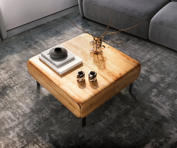 DELIFE Konferenční stolek Shavani 90x90 cm akácie přírodní 2 dvířka podnož ve tvaru L kov černá
