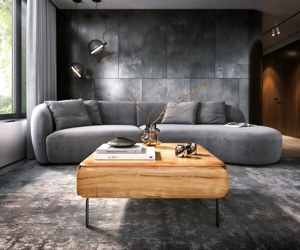 DELIFE Konferenční stolek Shavani 90x90 cm akácie přírodní 2 dvířka podnož ve tvaru L kov černá