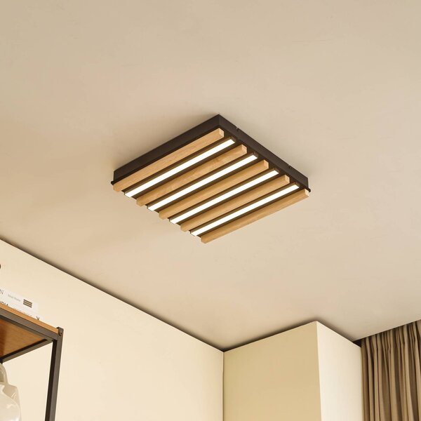 Lindby LED stropní svítidlo Firka, bílé, dřevo, 42 cm, stmívatelné., stmívatelný, Světlé dřevo, Obývací pokoj / jídelna, Dřevo, Moderní