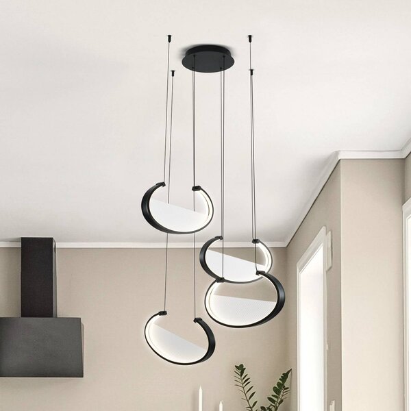 Viokef Závěsné světlo LED Adele, Ø 75 cm, černé, kov, 4-ramenné., Černá, Obývací pokoj / jídelna, Hliník, Moderní