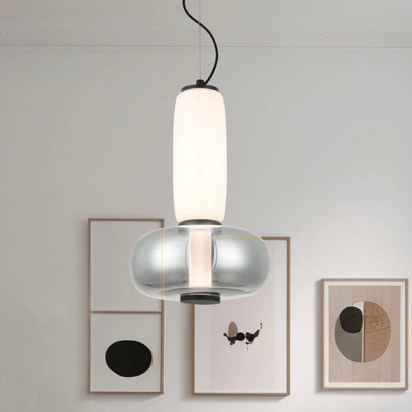 Viokef Závěsné světlo LED Avery, kouřově šedé/bílé, Ø 32 cm, sklo, Hliník / šedá / zinek, Obývací pokoj / jídelna, Sklo, Moderní