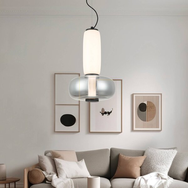 Viokef Závěsné světlo LED Avery, kouřově šedé/bílé, Ø 32 cm, sklo, Hliník / šedá / zinek, Obývací pokoj / jídelna, Sklo, Moderní