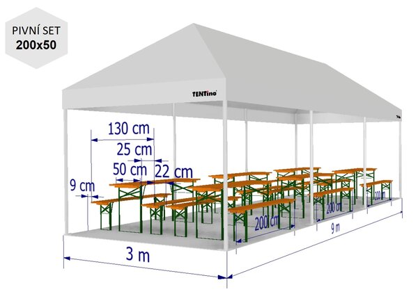 Nůžkový párty stan 3x9 m TENTino BIG HEXAGON EXTREME Barva opláštění: 1A - BÍLÁ