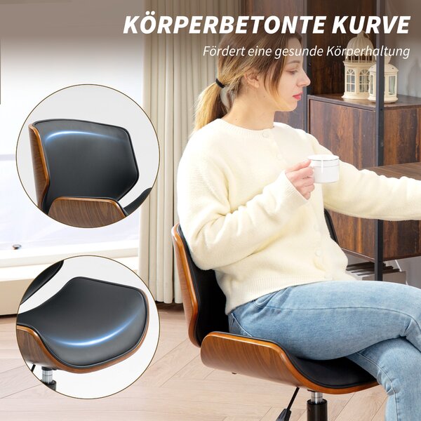 HOMCOM mid-century kancelářská židle bez područek — ergonomická, výškově nastavitelná, 360° otočná, PU, černá a ořech | Aosom