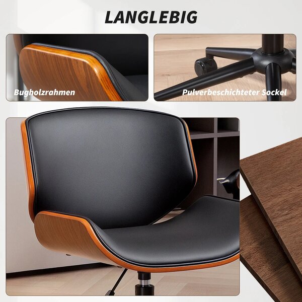 HOMCOM mid-century kancelářská židle bez područek — ergonomická, výškově nastavitelná, 360° otočná, PU, černá a ořech | Aosom