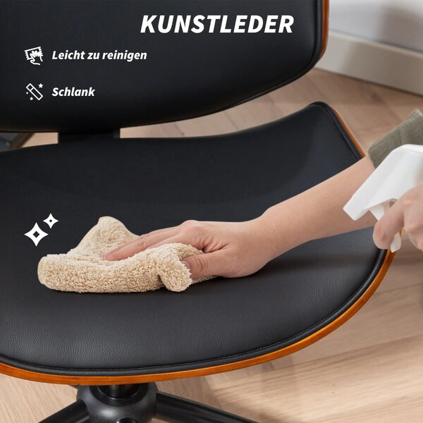 HOMCOM mid-century kancelářská židle bez područek — ergonomická, výškově nastavitelná, 360° otočná, PU, černá a ořech | Aosom