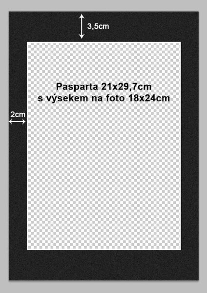 Pasparta do rámečku 21x30cm Velikost: 21x30cm, výsek: 17x23cm (pro foto 18x24cm), Barva pasparty: Černá