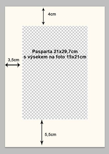 Pasparta do rámečku 21x30 - portrétní s patkou Velikost: 21x30cm, výsek: 17x23cm (pro foto 18x24cm), Barva pasparty: Krémová