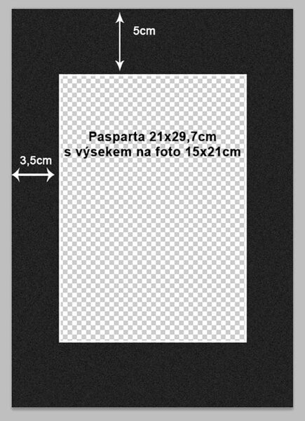 Pasparta do rámečku 21x30cm Velikost: 21x30cm, výsek: 17x23cm (pro foto 18x24cm), Barva pasparty: Černá