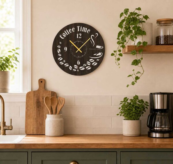 Nástěnné hodiny COFFEE TIME Zvolte barvu dekoru: Dub zlatý | Velikost hodin: 35x35