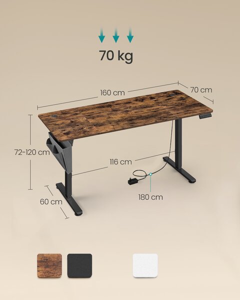 SONGMICS Výškově nastavitelný elektrický stůl 70 x 160 x 72–120 cm hnědá černá