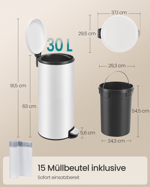 SONGMICS Odpadkový koš kulatý pedálový plastový vnitřní kbelík s měkkým zavíráním 30 l bílá