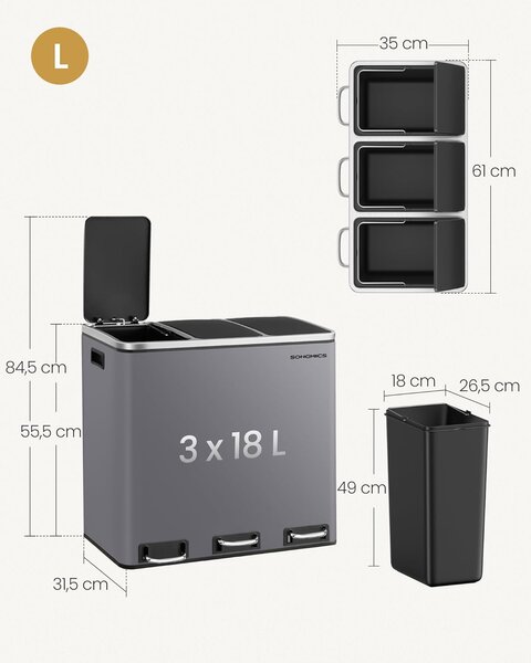 SONGMICS Odpadkový koš pedálový na tříděný odpad 3 x 18 litrů světle šedá
