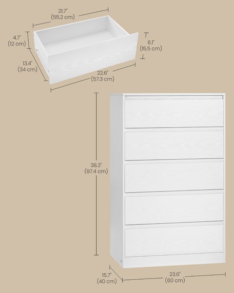 VASAGLE Komoda KAYLIN 5 zásuvek 60 x 97 x 40 cm bílá