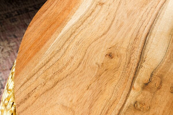 Konferenční stolek LEAF 75cm zlatý s deskou z akáciového dřeva