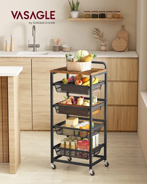 VASAGLE Servírovací pětipatrový vozík s výsuvnými košíky 40 x 95 x 32 cm černá hnědá