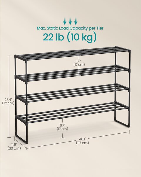 SONGMICS Skládací čtyřpatrový kovový botník 117 x 75 x 30 cm černá