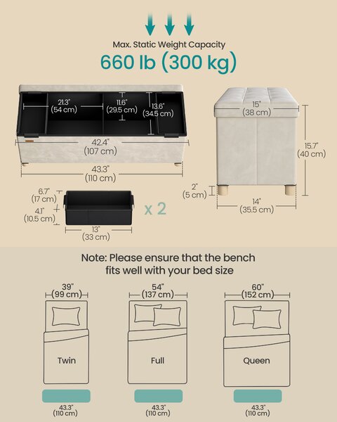 SONGMICS Taburet s úložným prostorem 112 l 38 x 110 x 40 cm béžová