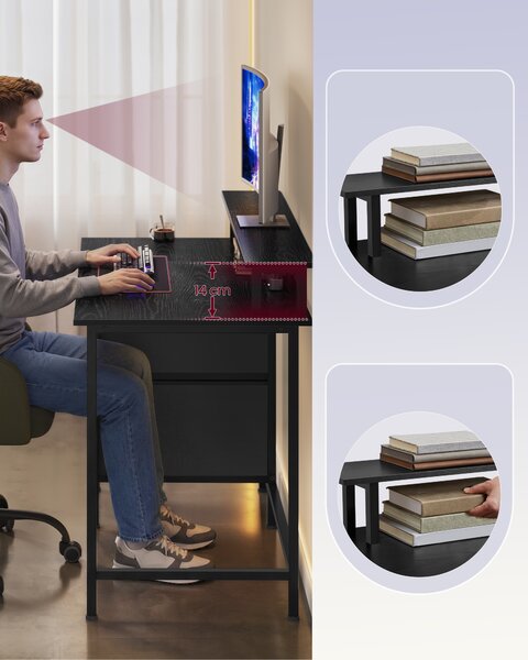 VASAGLE Počítačový stůl s policí na monitor 2 USB porty 140 x 60 cm černé dřevo