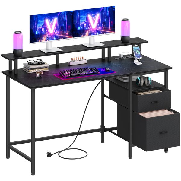 VASAGLE Počítačový stůl s policí na monitor 2 USB porty 140 x 60 cm černé dřevo