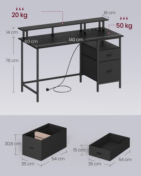 VASAGLE Počítačový stůl s policí na monitor 2 USB porty 140 x 60 cm černé dřevo