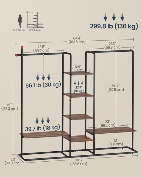 SONGMICS Věšák na oblečení MATCHES s policemi 15 x 175 x 34 cm ořech černá