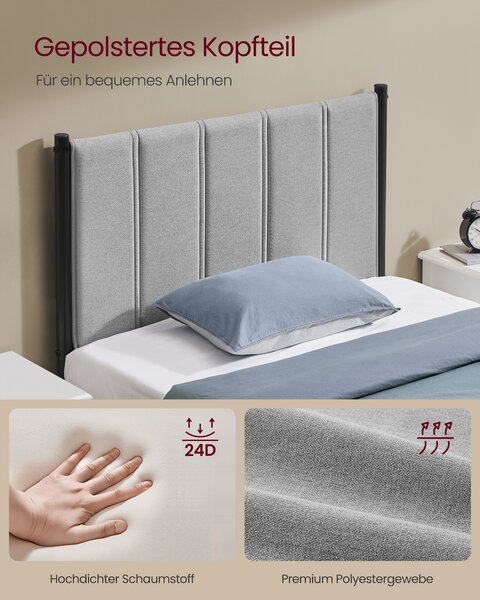 VASAGLE Rám jednolůžkové postele 90x200 cm s čalouněným čelem šedá