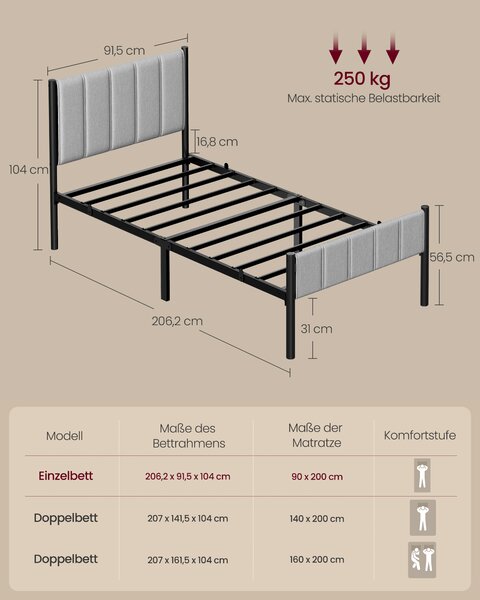 VASAGLE Rám jednolůžkové postele 90x200 cm s čalouněným čelem šedá