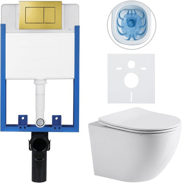Kompletní WC set Profi/Cesso - bílá lesklá - WC tlačítko Classic/Zlatá - pro zazdění - 49x36 cm - 002894