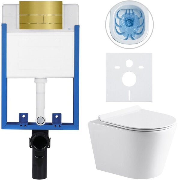 Kompletní WC set Profi/Carlito - bílá lesklá - WC tlačítko Line/Zlatá - pro zazdění - 48,5x36,5 cm