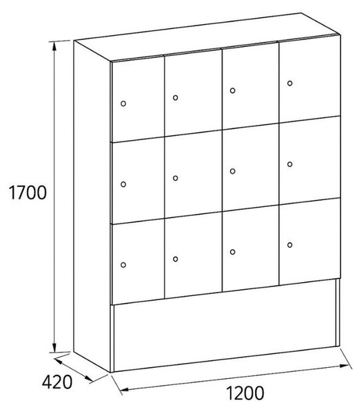 Dřevěná odkládací skříňka S5 s úložnými boxy, 12 boxů, 1700 x 1200 x 420 mm, cylindrický zámek, ořech