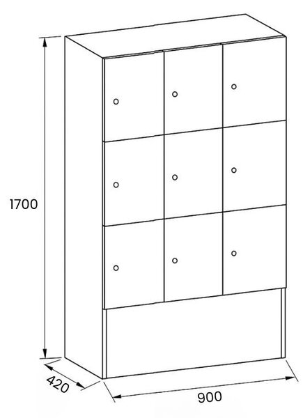 Dřevěná odkládací skříňka S5 s úložnými boxy, 9 boxů, 1700 x 900 x 420 mm, cylindrický zámek, bříza