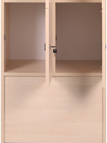 Dřevěná odkládací skříňka S5 s úložnými boxy, 12 boxů, 1700 x 1200 x 420 mm, cylindrický zámek, ořech