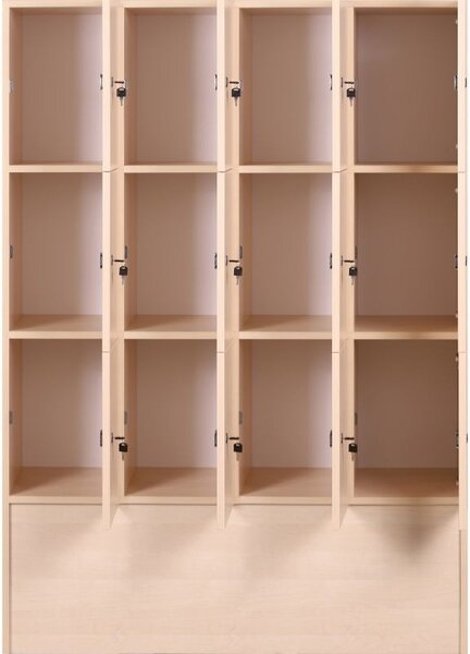 Dřevěná odkládací skříňka S5 s úložnými boxy, 12 boxů, 1700 x 1200 x 420 mm, cylindrický zámek, ořech