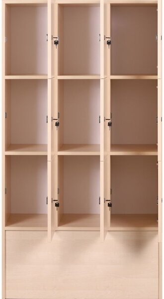 Dřevěná odkládací skříňka S5 s úložnými boxy, 9 boxů, 1700 x 900 x 420 mm, cylindrický zámek, bříza