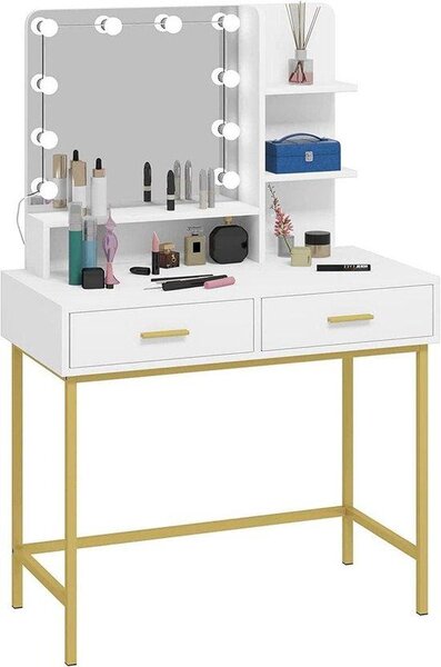 Toaletní stolek s LED osvětlením a zrcadlem, rozměry 90x137x45 cm, bílá a zlatá barva. Kosmetický stolek s taburetkou, ideální do ložnice, pro líčení a přípravu na večírky