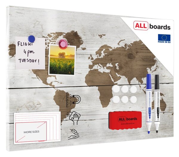 ALLboards METAL MB64_00103 Magnetická kovová tabule mapa světa ve světlých barvách 60x40 cm