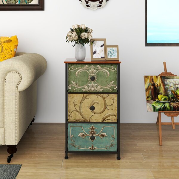 Komoda s šuplíky – komoda do ložnice – 3 šuplíky z textilu – 42 x 30 x 72 cm – vintage motiv