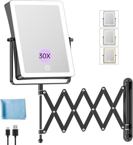 Nabíjecí kosmetické zrcadlo s LED osvětlením, kapacita 5000 mAh, rozměr 22 cm, zvětšení 1x/30x, montáž na zeď, stmívatelné, 3 teploty světla, otočné o 360°