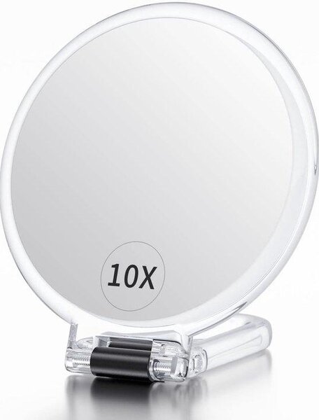 Ruční zrcátko s madlem, 10x/1x zvětšení, oboustranné zvětšovací zrcátko na make-up se stojanem, skládací, přenosné, kompaktní zrcátko na make-up