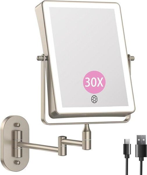 Nabíjecí kosmetické zrcadlo s LED osvětlením, dotykovým spínačem, 1/10x zvětšením, stmívatelným osvětlením pro holení, otočné o 360 stupňů, vhodné pro montáž na zeď