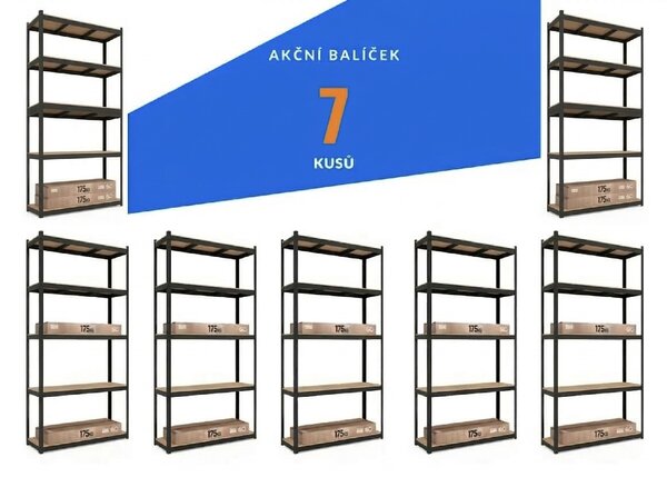 Akční balíček - 7x Kovový regál 160x80x40cm, lakovaný - černý, 4-policový, nosnost 700kg SMARTREGALY