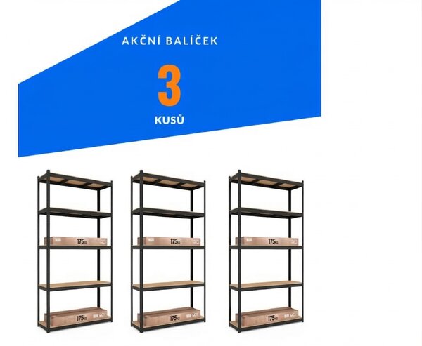 Akční balíček - 3x Kovový regál 220x90x45cm, lakovaný, 6-policový, nosnost 1050kg SMARTREGALY