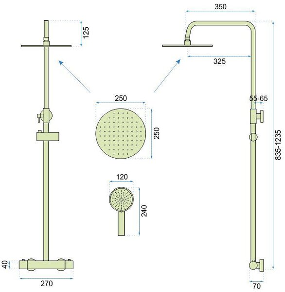 Rea Vincent, sprchový set s termostatickou baterií a dešťovou hlavicí 25cm, zlatá matná, REA-P6602