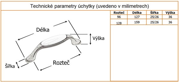 Porcelánová úchytka Margarita starostříbro / porcelán bílý Rozteč úchytky (mm): 96