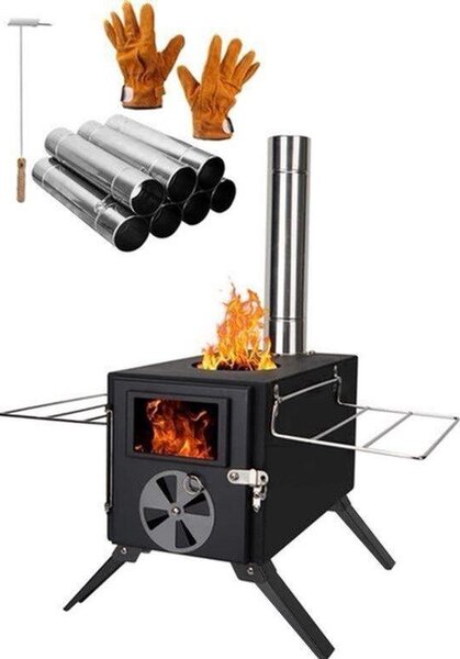 Přenosný krb na dřevo – výkon 3500 wattů – rozměry 39x19x30 cm – nerezová ocel – vhodný pro stanování a kempování