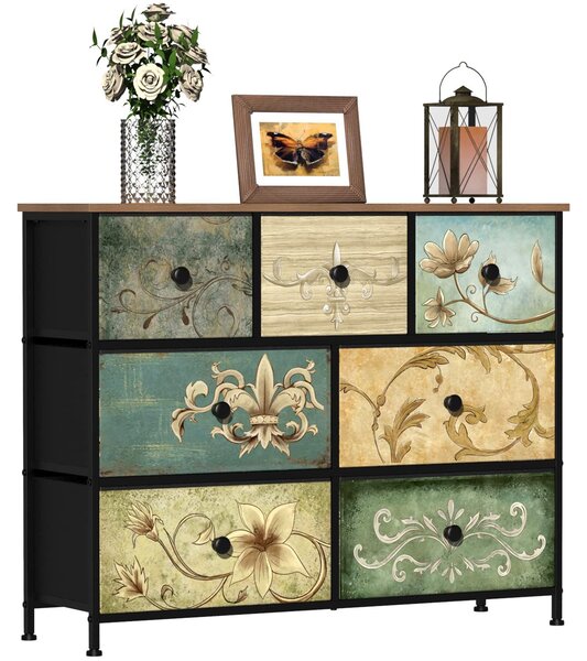 Komoda s 7 látkovými zásuvkami - Toaletní stolek - Boho styl - 99 x 30 x 79,5 cm - Dřevěná deska - Vintage vzor