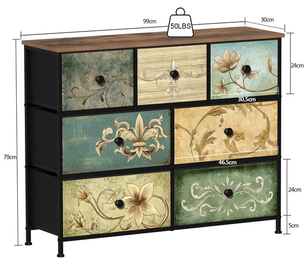 Komoda s 7 látkovými zásuvkami - Toaletní stolek - Boho styl - 99 x 30 x 79,5 cm - Dřevěná deska - Vintage vzor