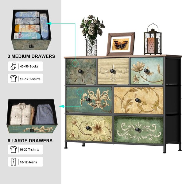 Komoda s 7 látkovými zásuvkami - Toaletní stolek - Boho styl - 99 x 30 x 79,5 cm - Dřevěná deska - Vintage vzor