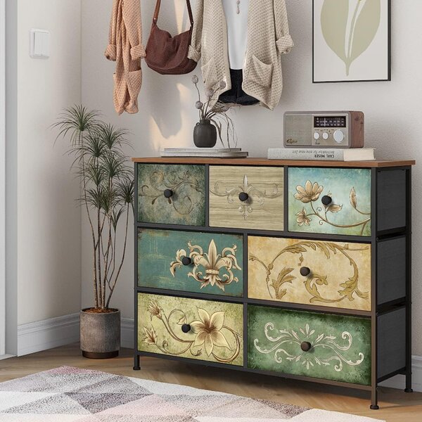 Komoda s 7 látkovými zásuvkami - Toaletní stolek - Boho styl - 99 x 30 x 79,5 cm - Dřevěná deska - Vintage vzor